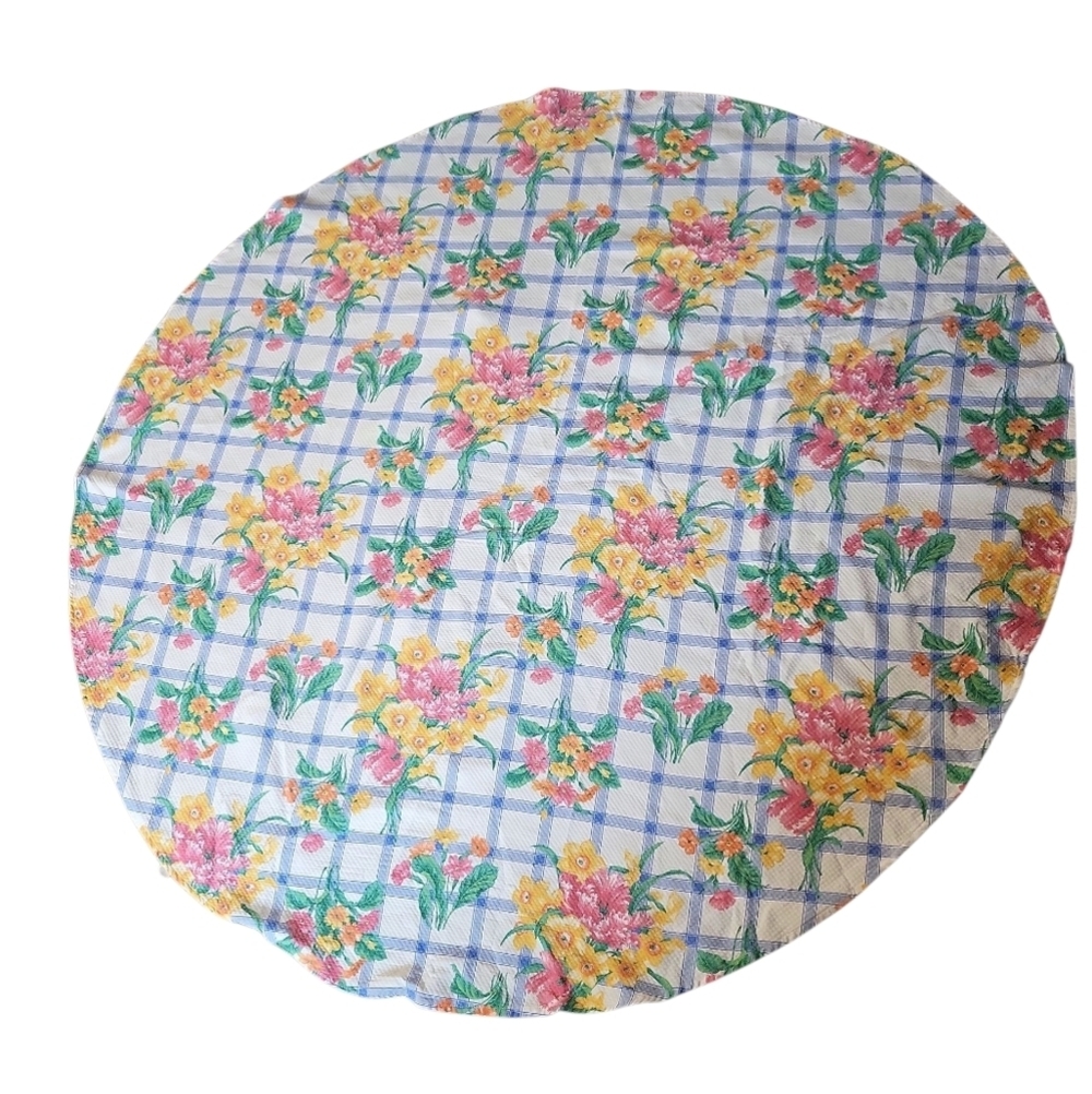 Yellow Pink Geen Floral Check Round Tablecloth